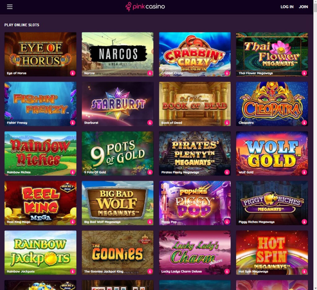 Pink Casino desktop slots screenshot showing featured games, categories and navigation – tested Pink Casino desktop slots screenshot showing featured games, categories and navigation – tested