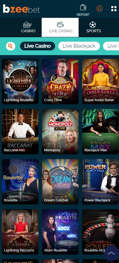 Bzeebet Casino mobile live casino screenshot displaying real-dealer tables including roulette, blackjack and baccarat with compact lobby layout on smartphone screen – tested