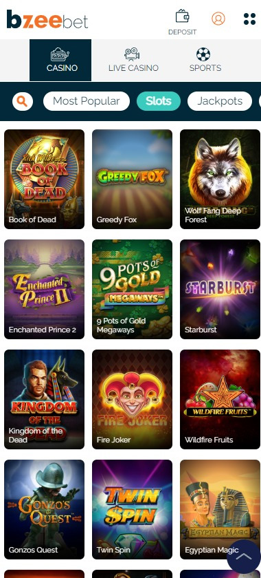 Bzeebet Casino mobile interface screenshot showing slots game lobby with featured titles, categories and navigation on smartphone screen – tested