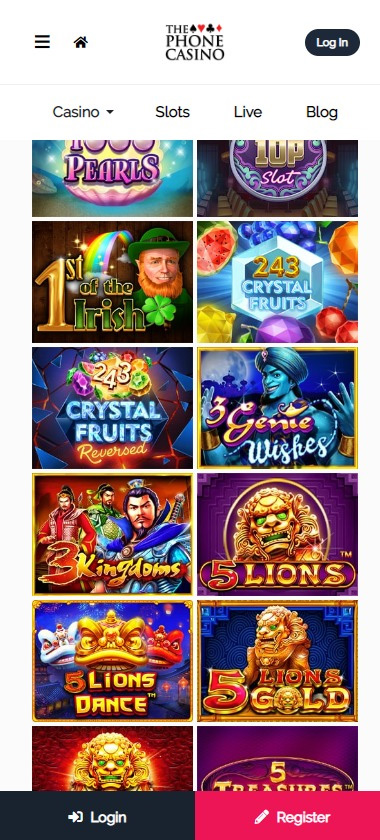 The Phone Casino mobile screenshot showing slot game selection and mobile interface - tested