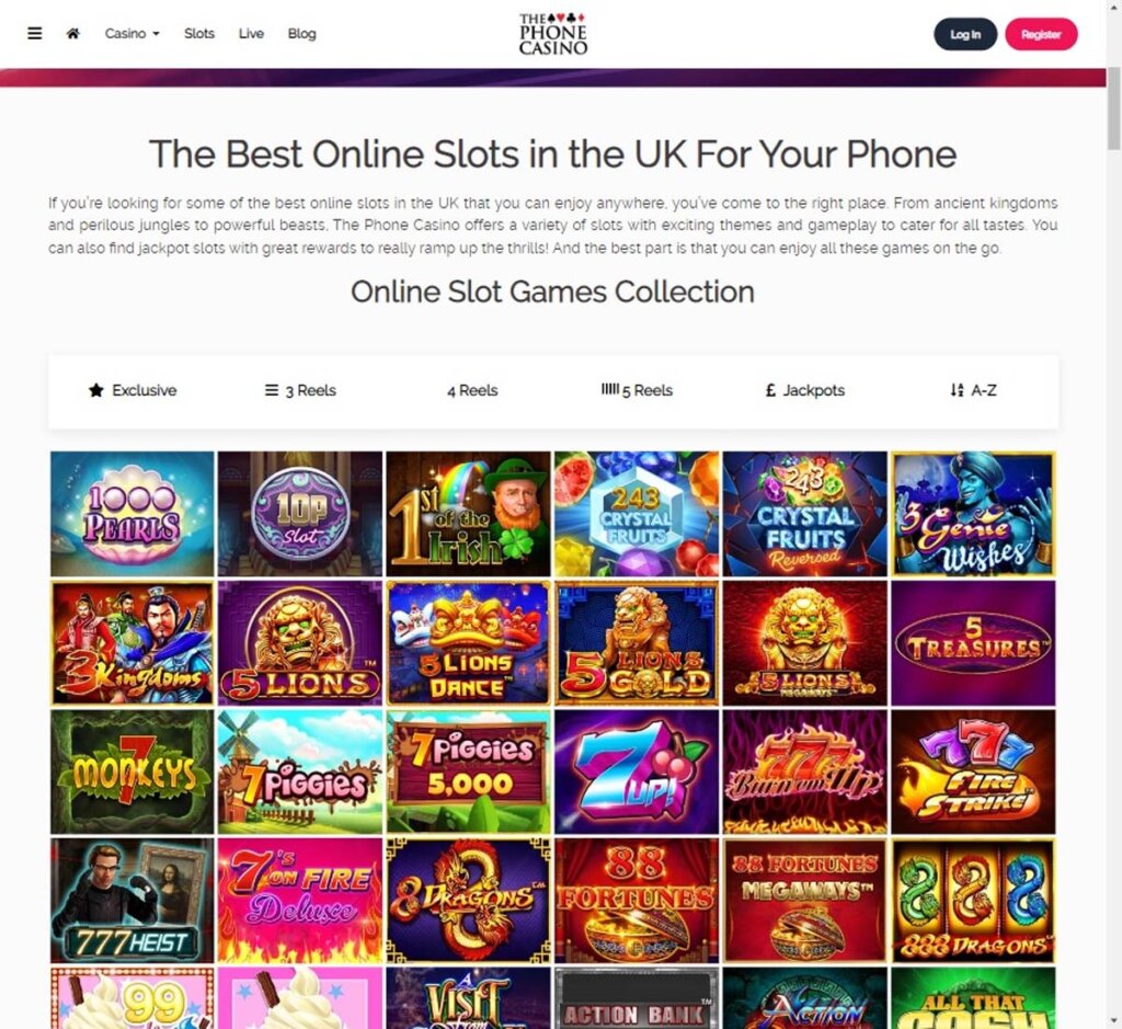 The Phone Casino desktop screenshot showing selection of slot games and platform interface - tested