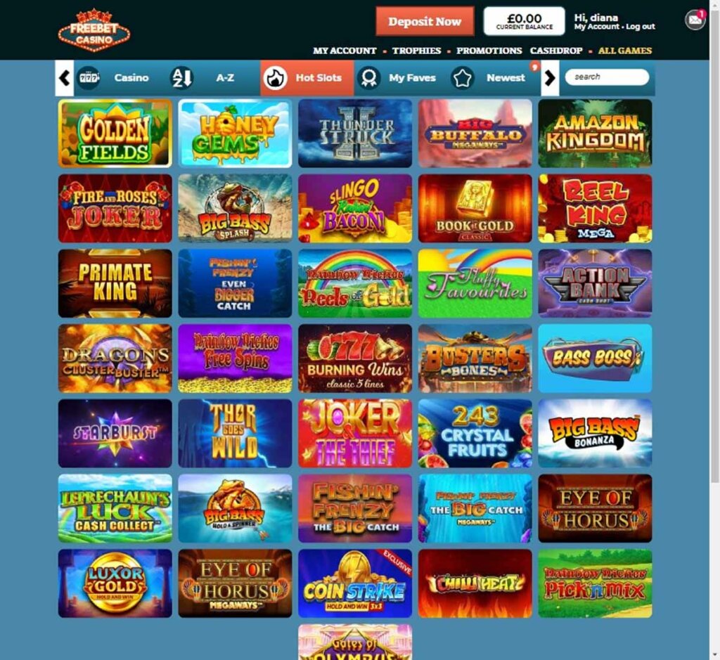 FreeBet Casino desktop interface screenshot showing slots lobby with featured titles, categories and game providers displayed – tested