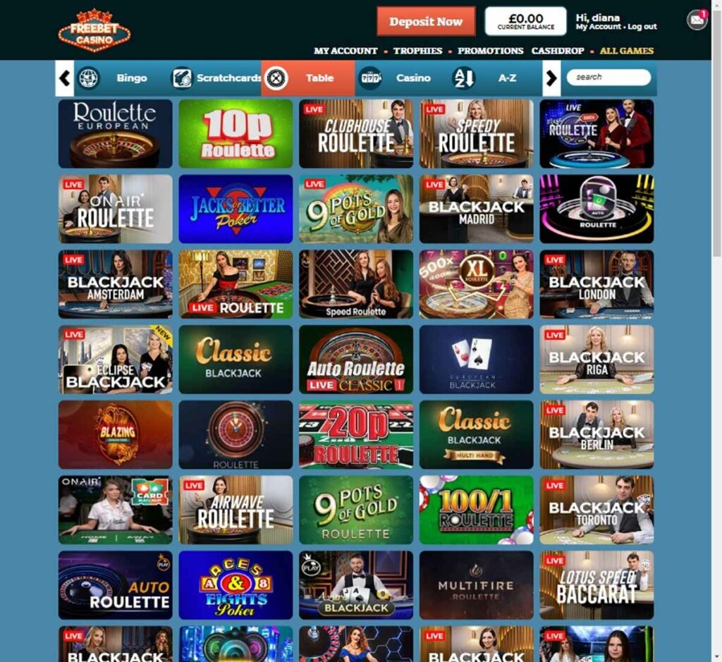 FreeBet Casino desktop live casino screenshot displaying real-dealer tables including roulette, blackjack and baccarat with lobby navigation – tested