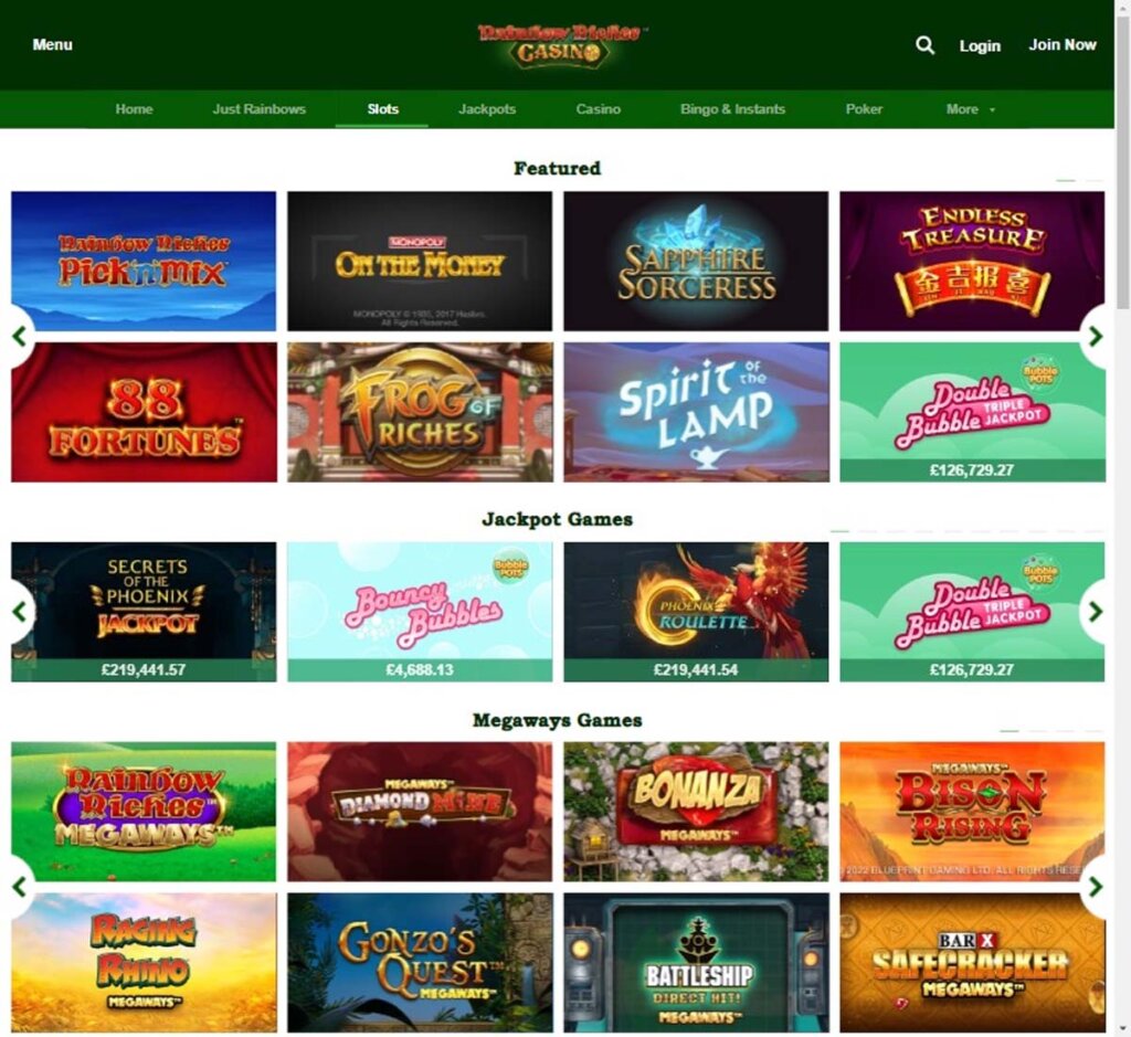 Rainbow Riches Casino desktop slots screenshot showing featured games, categories and navigation – tested Rainbow Riches Casino desktop slots screenshot showing featured games, categories and navigation – tested