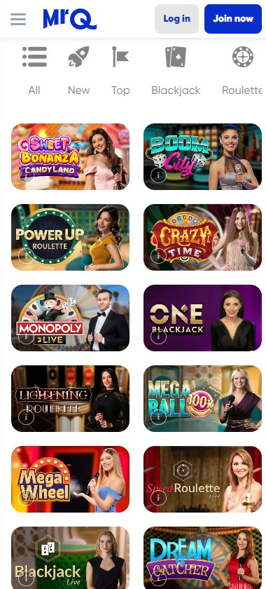 MRQ Casino mobile slots screenshot showing featured games, categories and navigation on smartphone screen – tested