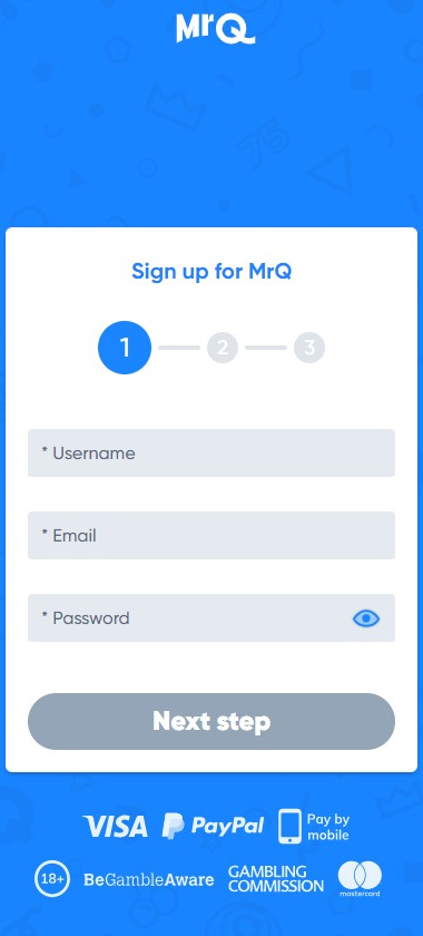 MRQ Casino mobile interface screenshot showing registration step 1 with initial account setup fields – tested