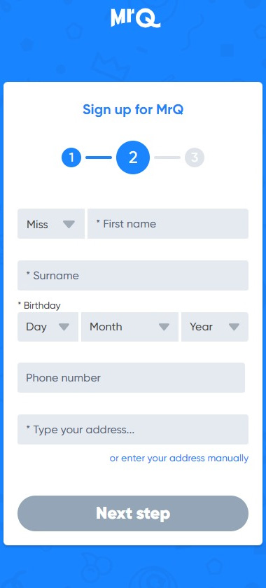 MRQ Casino mobile interface screenshot showing registration step 2 with account details and form fields – tested