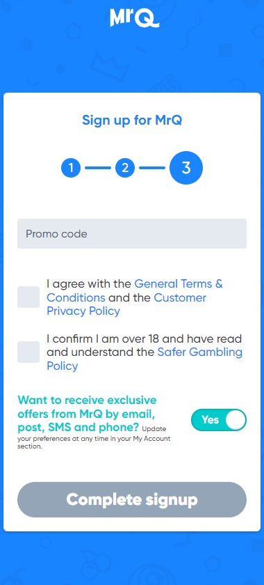 MRQ Casino mobile interface screenshot showing registration step 3 confirmation and verification fields – tested