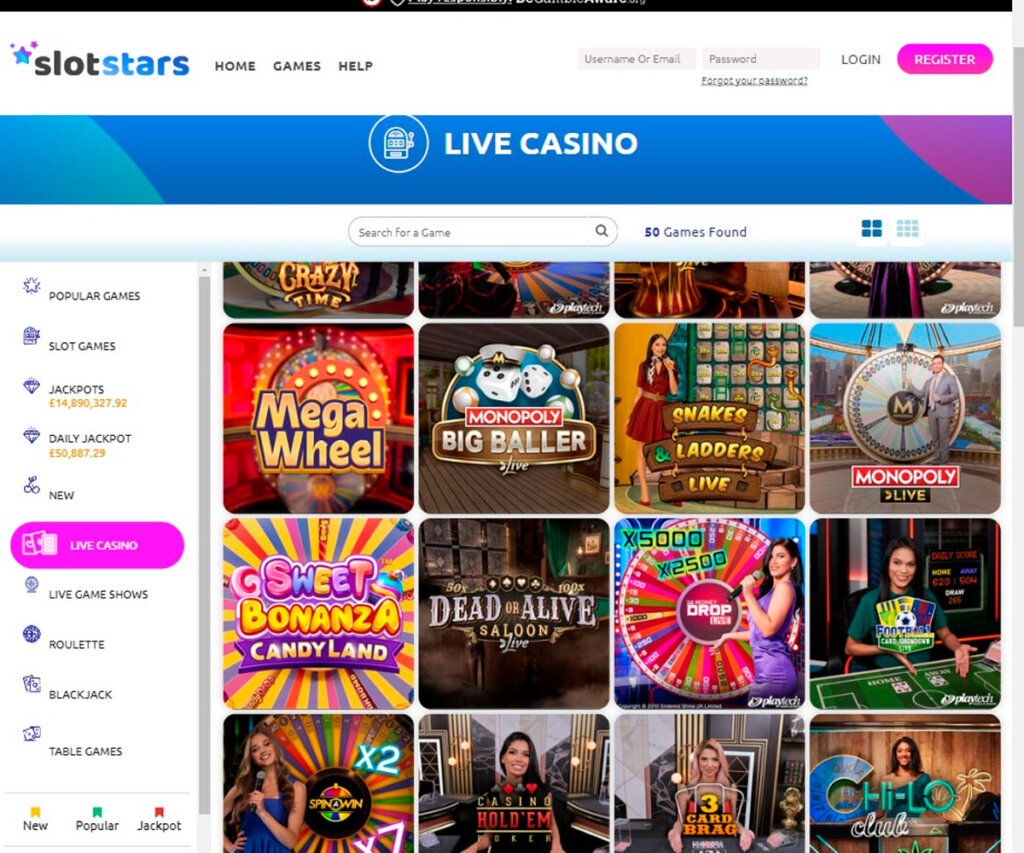 Slotstars Casino desktop live casino screenshot with multiple dealer tables – tested