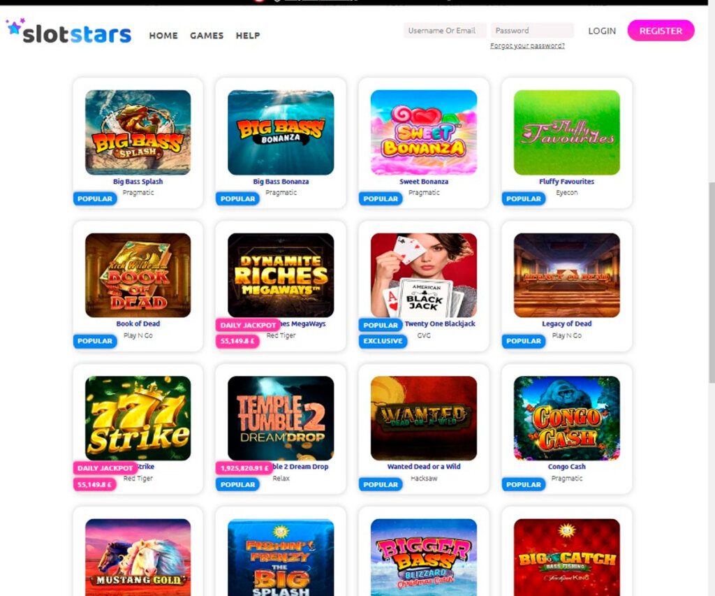 Slotstars Casino desktop slots preview showing categories and game thumbnails – tested