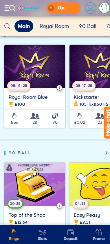 UK Bingo Casino mobile screenshot showing bingo rooms lobby and interface - tested