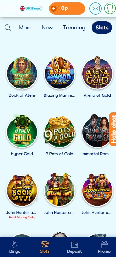 UK Bingo Casino mobile screenshot showing slot games selection on mobile interface - tested