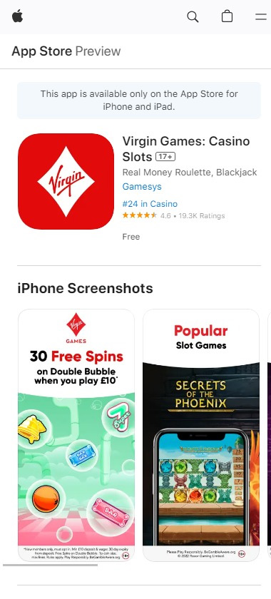 Virgin Games Casino iOS mobile app screenshot showing homepage interface and game lobby - tested