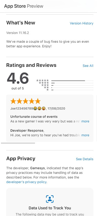 Virgin Games Casino iOS mobile app screenshot showing user reviews and ratings - tested