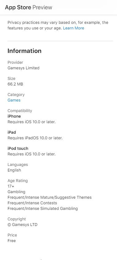 Virgin Games Casino iOS mobile app screenshot showing app specifications and supported features - tested