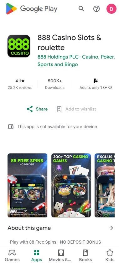 888 Casino mobile Android app screenshot showing homepage with featured games and navigation menu – tested