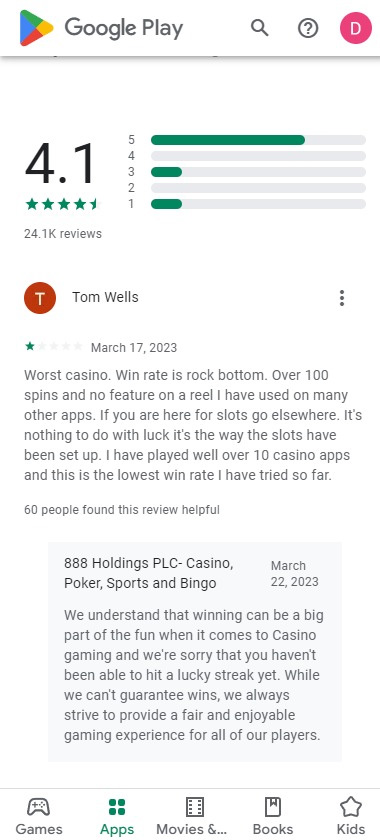 888 Casino Android app screenshot showing user reviews and ratings for mobile gaming experience – tested