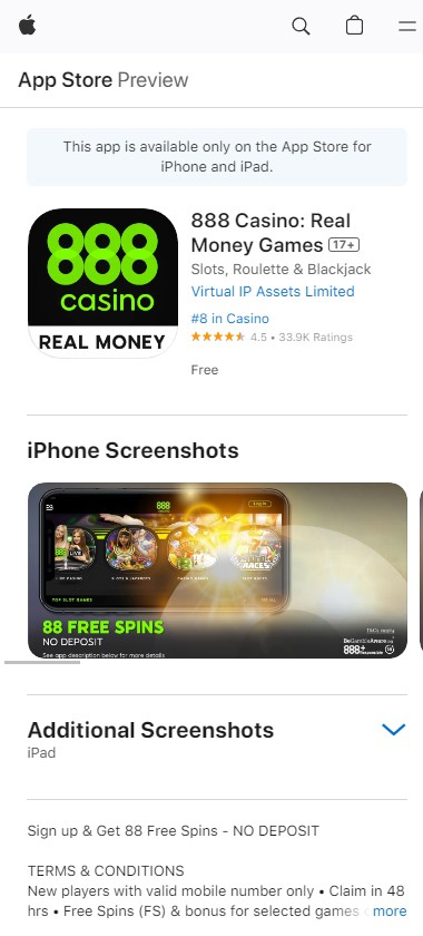 888 Casino mobile iOS app screenshot showing homepage with featured games and navigation menu – tested