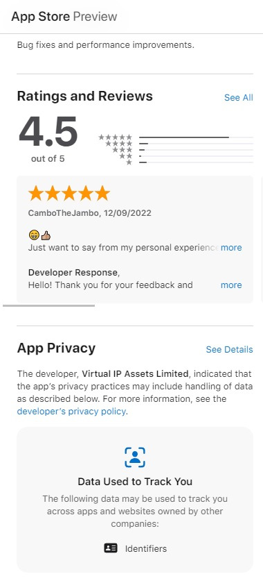 888 Casino iOS app screenshot showing user reviews and ratings for mobile gaming experience – tested