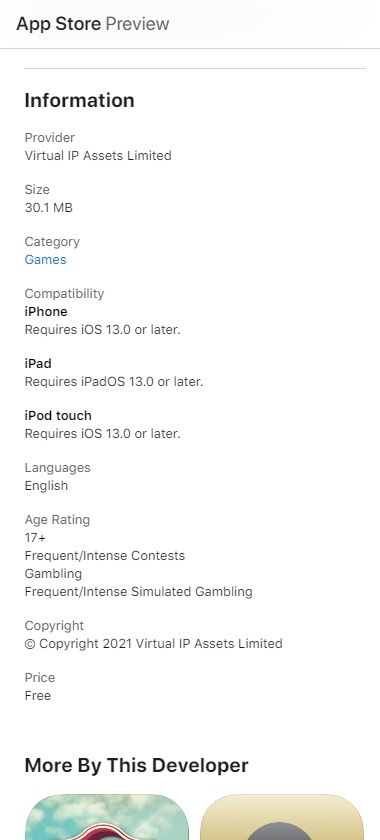 888 Casino iOS app screenshot displaying app specifications including size, version and device compatibility – tested