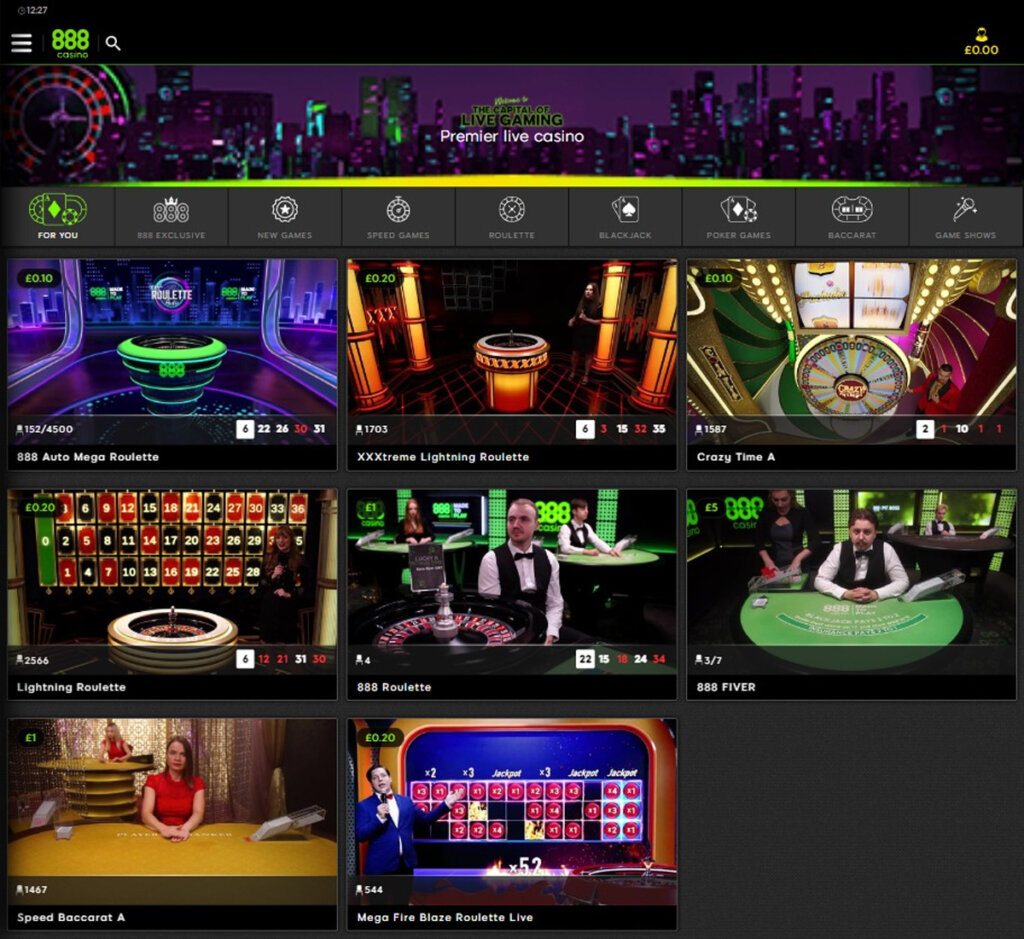 888 Casino desktop live casino screenshot displaying real-dealer tables including roulette, blackjack and baccarat with lobby navigation – tested