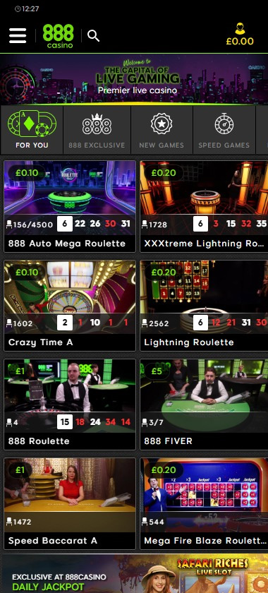 888 Casino mobile live casino screenshot showing real-dealer tables including roulette, blackjack and baccarat with compact lobby layout – tested