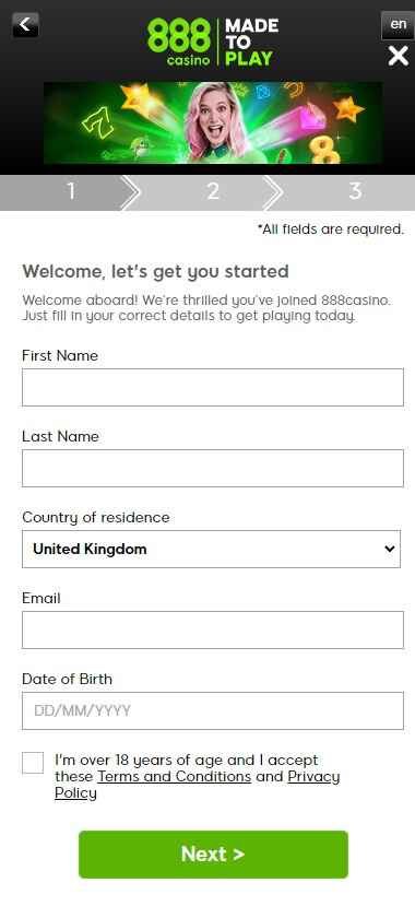 888 Casino mobile interface screenshot showing registration process step 1 with initial account setup fields – tested