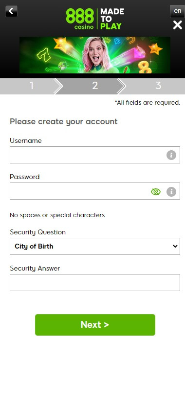 888 Casino mobile interface screenshot showing registration process step 2 with account details and form fields – tested