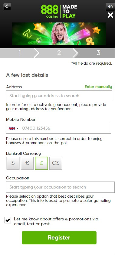 888 Casino mobile interface screenshot showing registration process step 3 with account verification and confirmation fields – tested