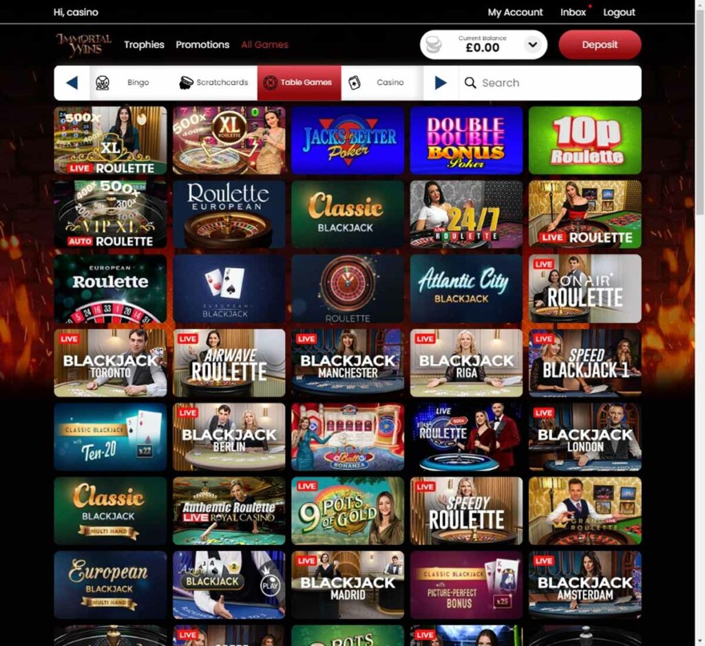 Immortal Wins Casino desktop live dealer games screenshot displaying tables including blackjack, roulette and baccarat with lobby navigation – tested Immortal Wins Casino desktop live dealer games screenshot displaying tables including blackjack, roulette and baccarat with lobby navigation – tested