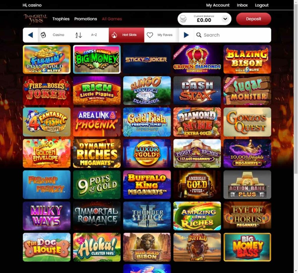 Immortal Wins Casino desktop interface screenshot showing slots variety with featured titles, categories and game providers – tested Immortal Wins Casino desktop interface screenshot showing slots variety with featured titles, categories and game providers – tested