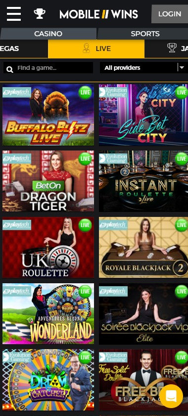 Mobile Wins Casino mobile live dealer games screenshot showing tables including blackjack, roulette and baccarat on smartphone screen – tested