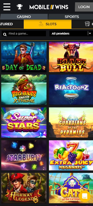 Mobile Wins Casino mobile slots screenshot showing featured games, categories and navigation on smartphone screen – tested