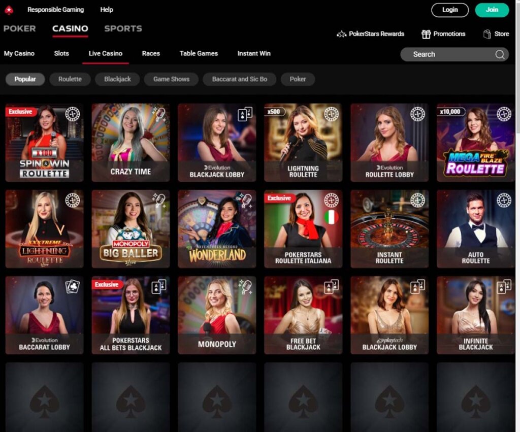 PokerStars Casino desktop live dealer games screenshot displaying tables including blackjack, roulette and baccarat – tested