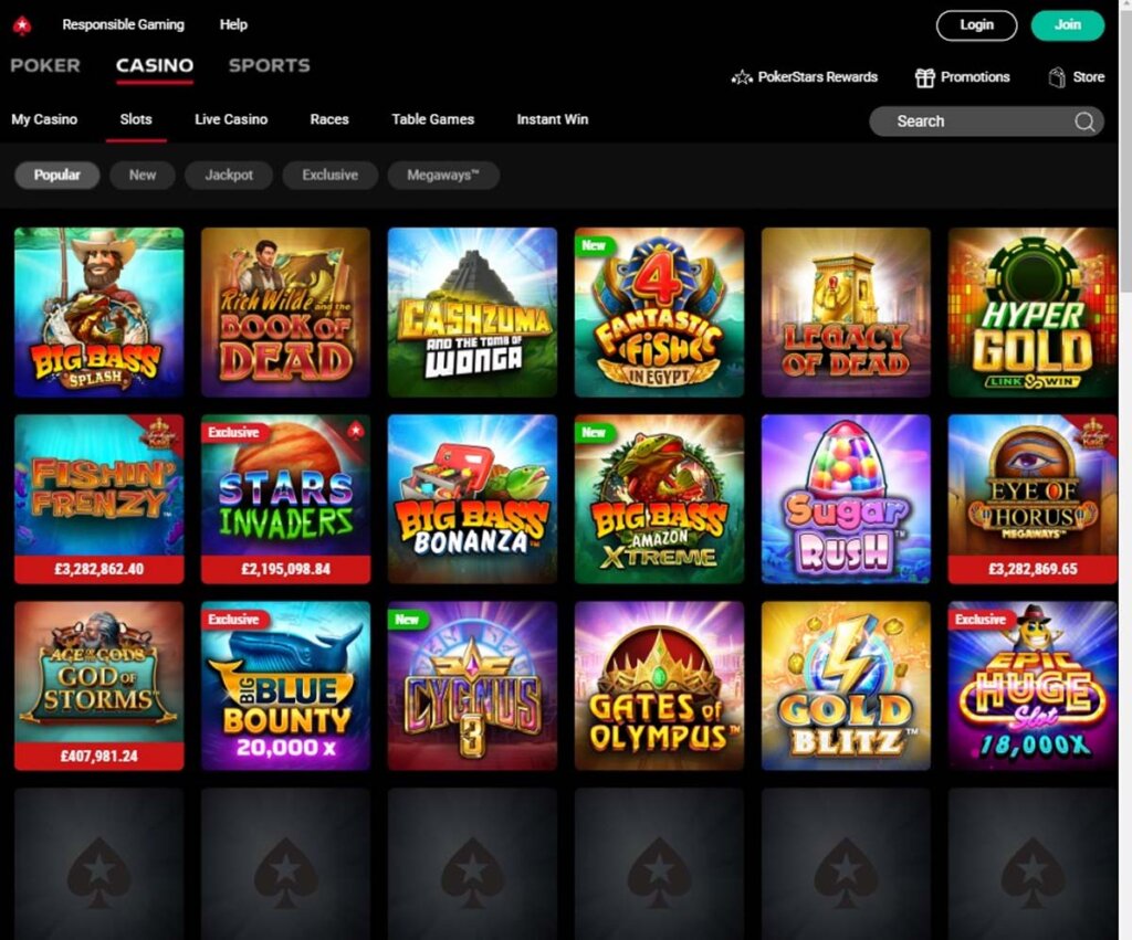 PokerStars Casino desktop slots screenshot showing featured games, categories and navigation – tested