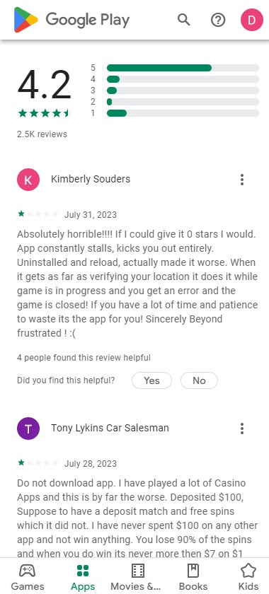 PokerStars Casino mobile app screenshot showing reviews on Android – tested