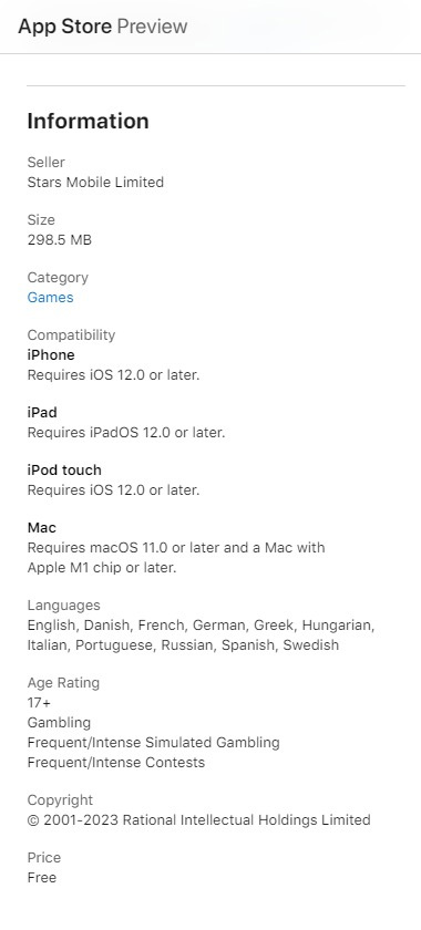 PokerStars Casino mobile app screenshot showing specifications on iOS – tested