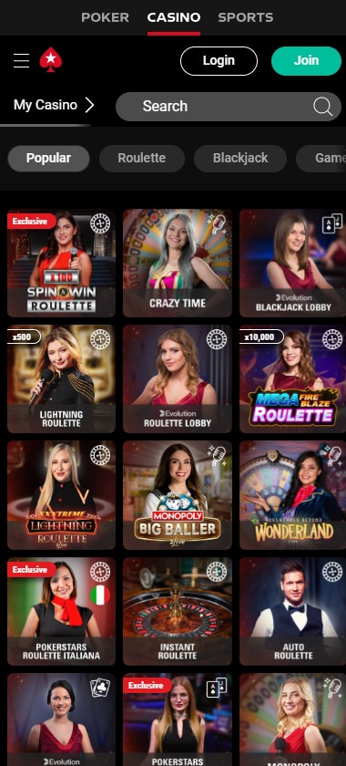PokerStars Casino mobile live dealer games screenshot showing tables including blackjack, roulette and baccarat on smartphone screen – tested
