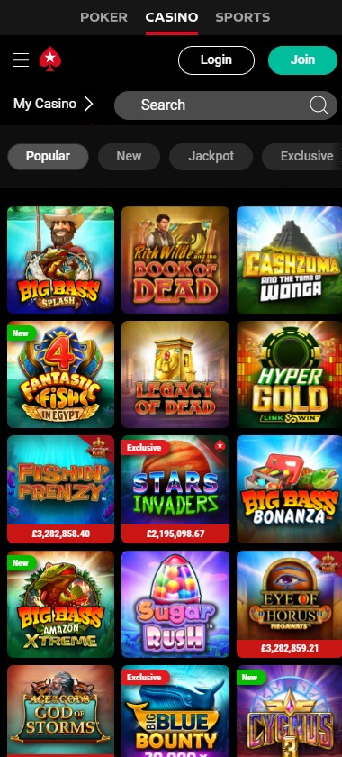 PokerStars Casino mobile slots screenshot showing featured games, categories and navigation on smartphone screen – tested