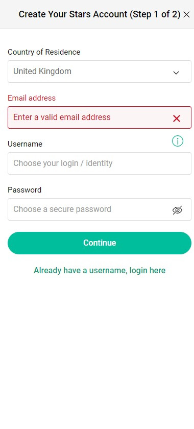PokerStars Casino mobile interface screenshot showing registration step 1 with initial account setup fields – tested
