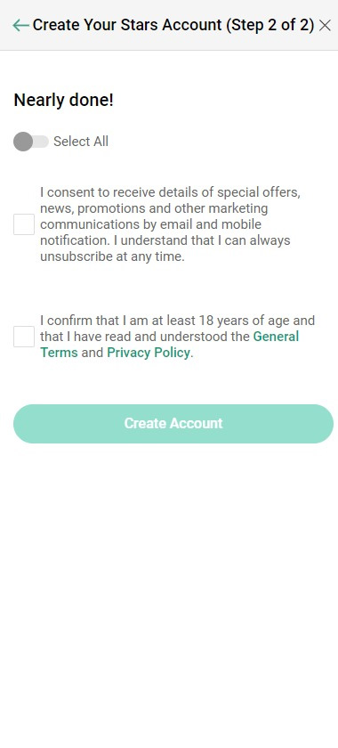 PokerStars Casino mobile interface screenshot showing registration step 2 with account details and form fields – tested