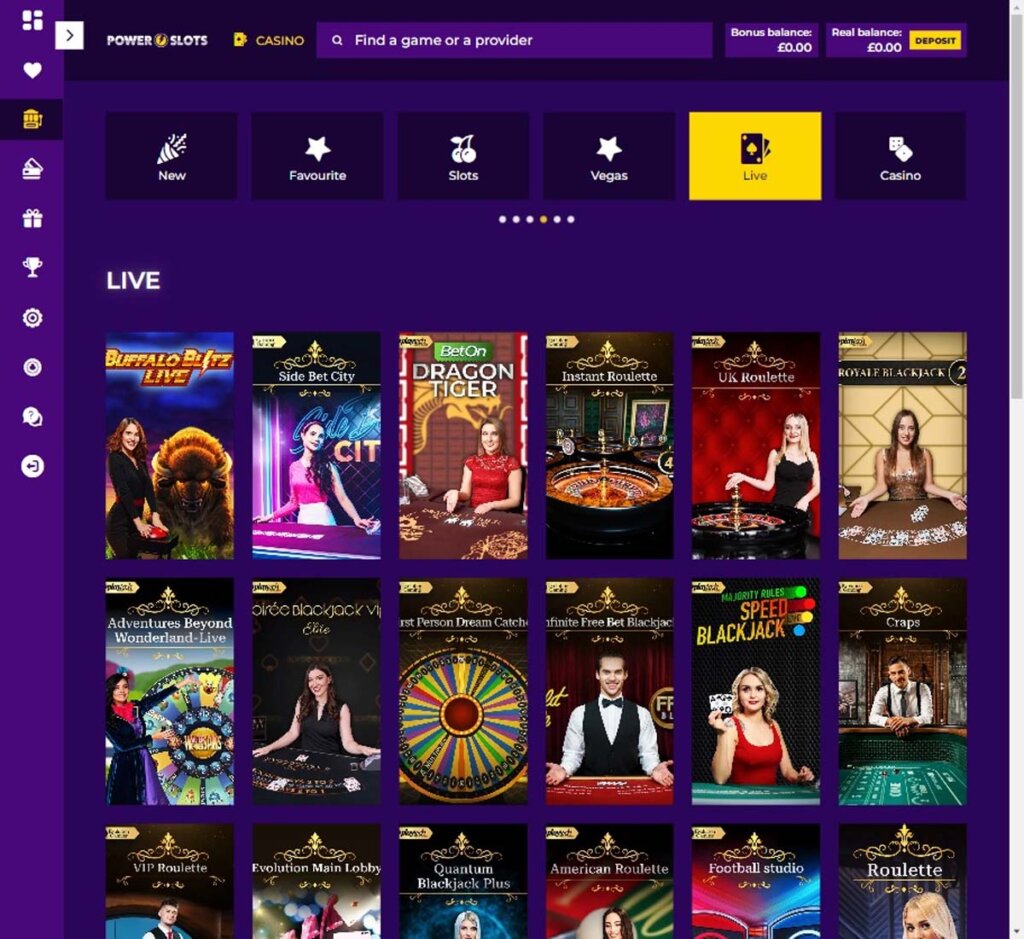Power Slots Casino desktop live dealer games screenshot displaying tables including blackjack, roulette and baccarat – tested
