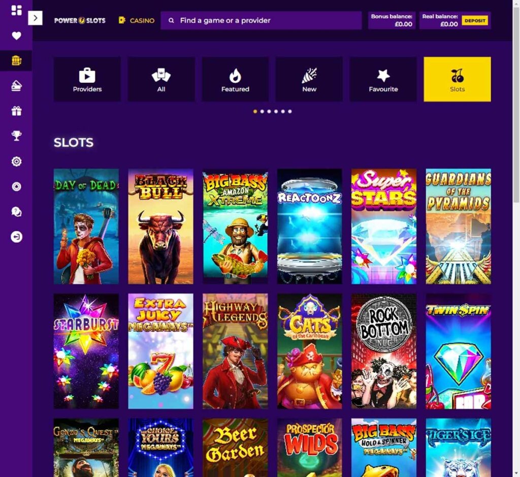 Power Slots Casino desktop slots screenshot showing featured games, categories and navigation – tested