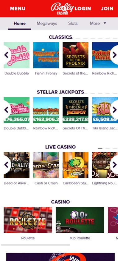 Bally Casino mobile interface screenshot showing game types lobby with slots, table games and live casino sections on smartphone screen – tested