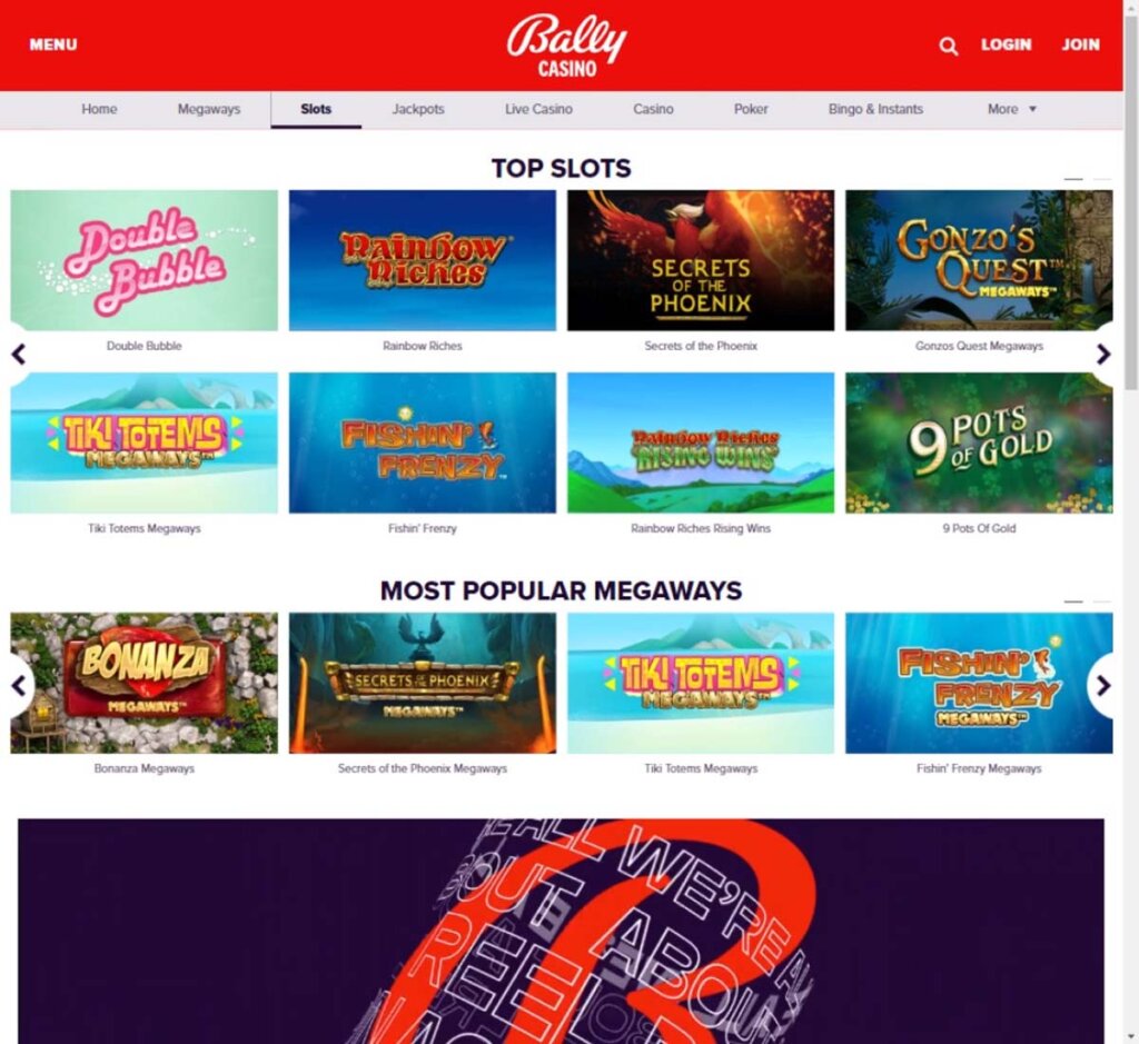 Bally Casino desktop interface screenshot showing slots lobby with featured titles, categories and game providers displayed – tested