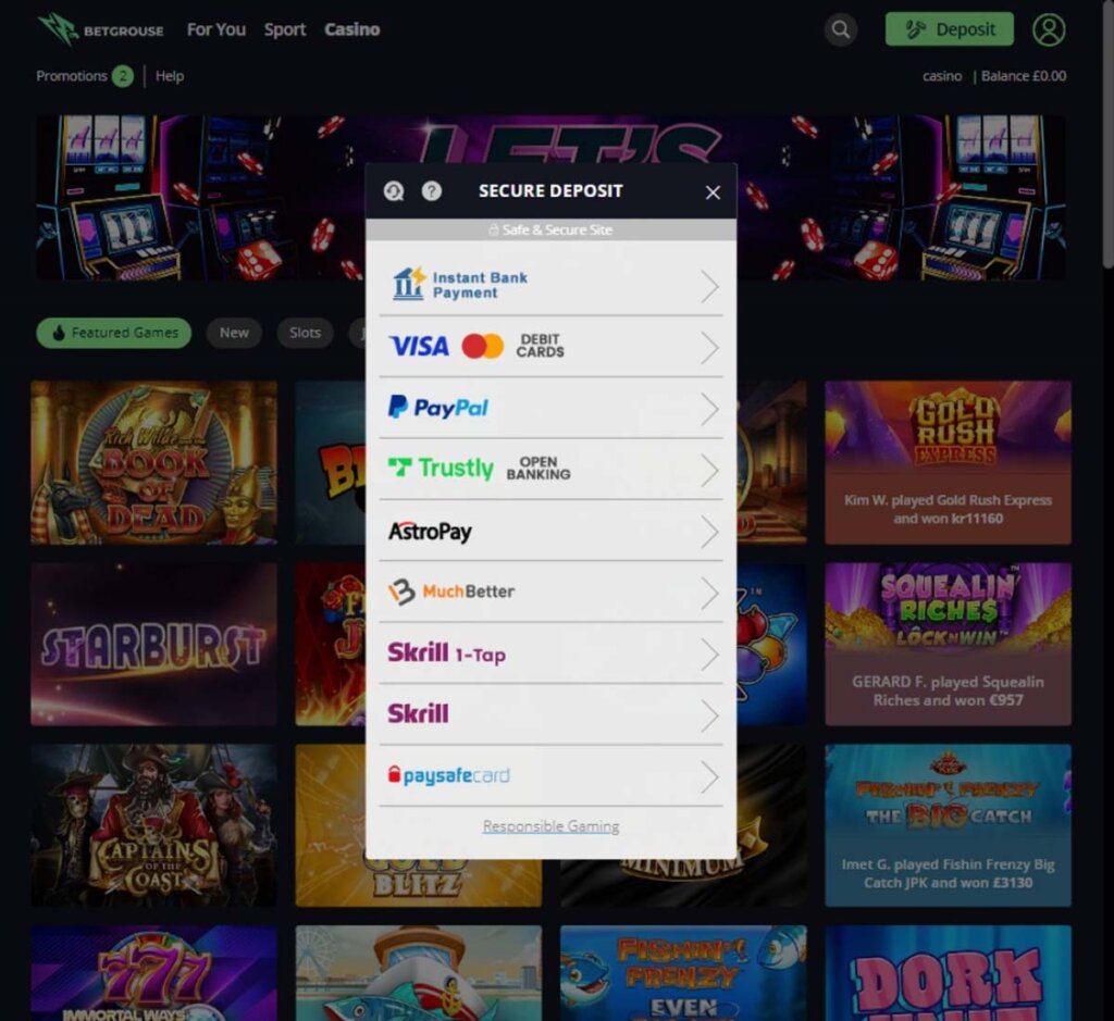 BetGrouse Casino desktop interface screenshot showing available deposit methods including Visa, Mastercard and PayPal in banking section – tested