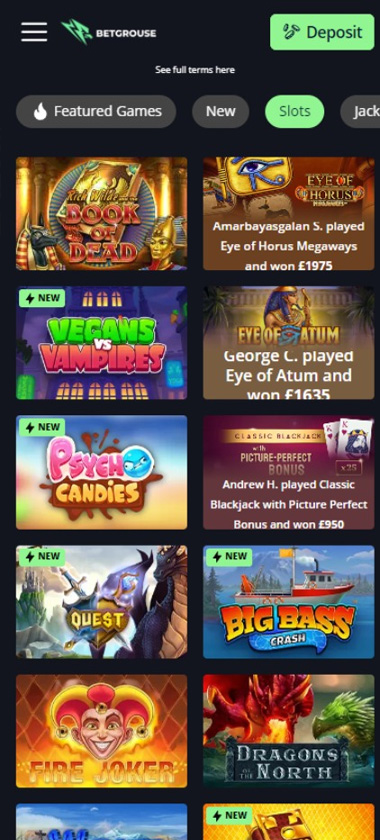 BetGrouse Casino mobile interface screenshot showing slots lobby with featured games, categories and navigation on smartphone screen – tested
