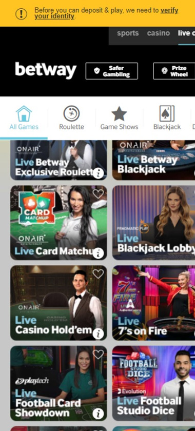 Betway Casino mobile live casino screenshot displaying real-dealer tables including roulette, blackjack and baccarat with compact lobby layout – tested Betway Casino mobile live casino screenshot displaying real-dealer tables including roulette, blackjack and baccarat with compact lobby layout – tested