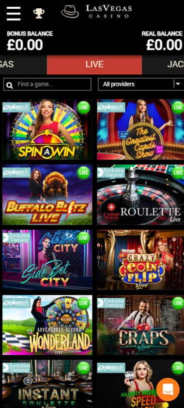Las Vegas Casino mobile live dealer games screenshot showing tables including blackjack, roulette and baccarat on smartphone screen – tested