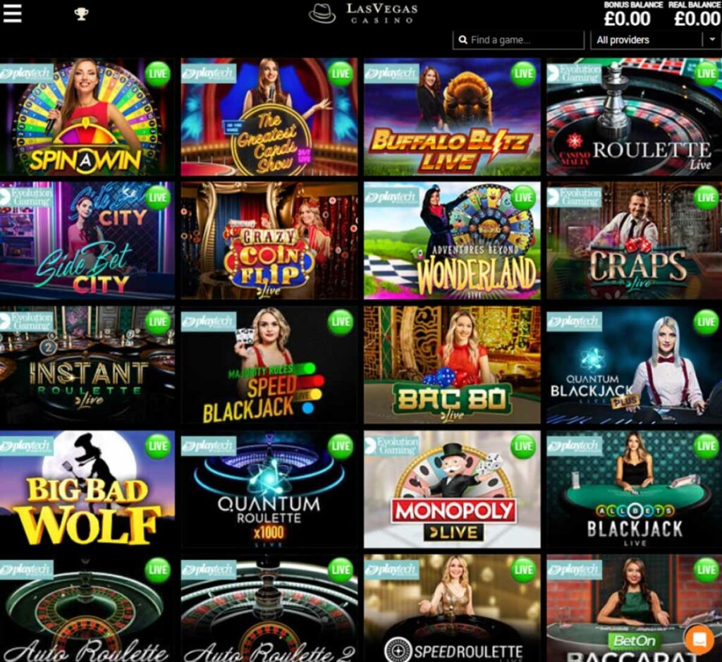 Las Vegas Casino desktop live dealer games screenshot displaying tables including blackjack, roulette and baccarat with lobby navigation – tested